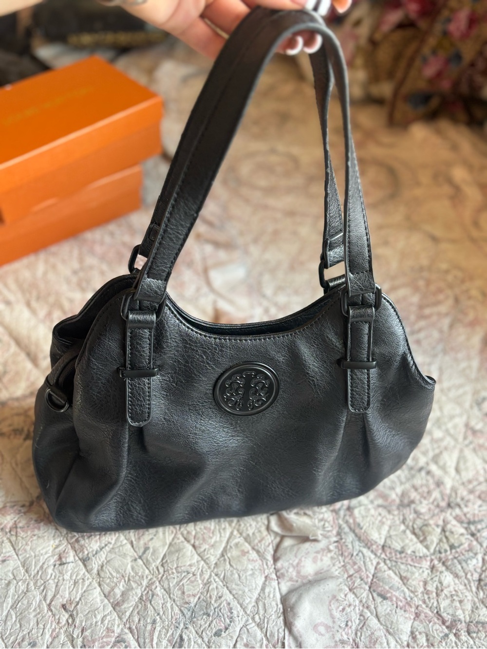 Black Leather Double-Handle Shoulder Bag